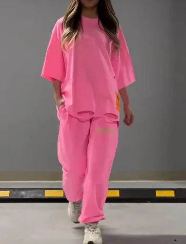 Summer New Fashion Hollowed Out O Neck T Shirt Women's 2 Piece Set Solid Color Casual Relaxed Tracksuit Pants Pocket Female Suit.