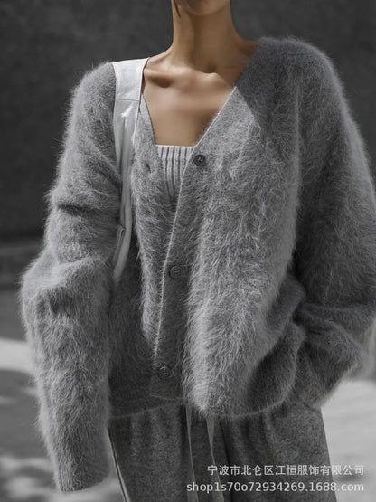 Women New Knitted Thick Cashmere Wool Cardigan Chic V Neck Single Breasted Fashion Long Sleeve Sweater Fall Winter Coat Outwear