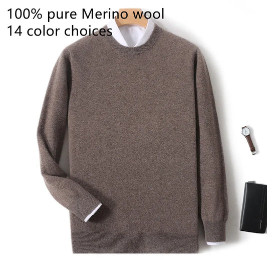 2025 100% Pure Merino Wool Men's Round Neck Pullover Solid Color Plus Size Casual Sweater Autumn And Winter Sports Cashmere Top.