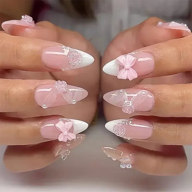 White Glitter Powder Bowknot Long Pointed Fake Nails Art Ballet False Nail Cow Print Pearl Rhinestone Pink Almond Press on Nails
