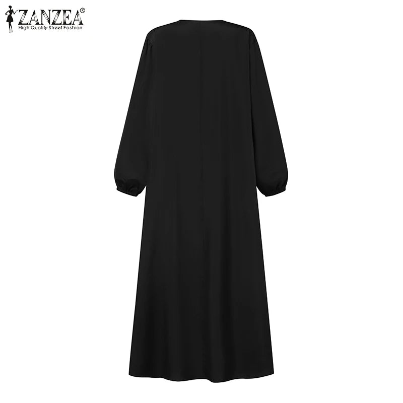 Women Autumn Muslim Long Dress Abaya Long Sleeve Hijab Vestidos Islamic Robe Femme ZANZEA Vintage Ramadan Maxi Sundress Kaftan.
