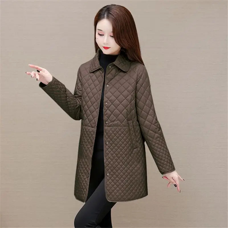 Herbst Winter Frauen Midi Plaid Stepp Mäntel Mode Weibliche Koreanische Kleidung Neue Feste Beiläufige Verdicken Warme Langarm Jacken