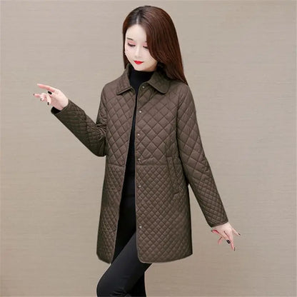 Herbst Winter Frauen Midi Plaid Stepp Mäntel Mode Weibliche Koreanische Kleidung Neue Feste Beiläufige Verdicken Warme Langarm Jacken