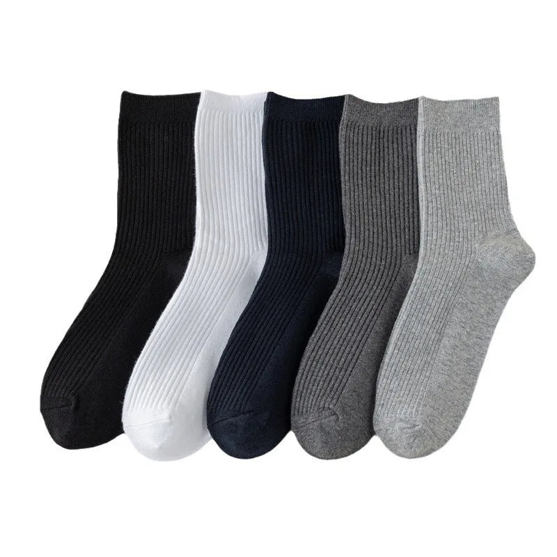 5 Pairs Socks Men's Mid-tube Sweat Absorption Business Sports Black Solid Color Stockings Autumn Winter Double Needle Breathable.