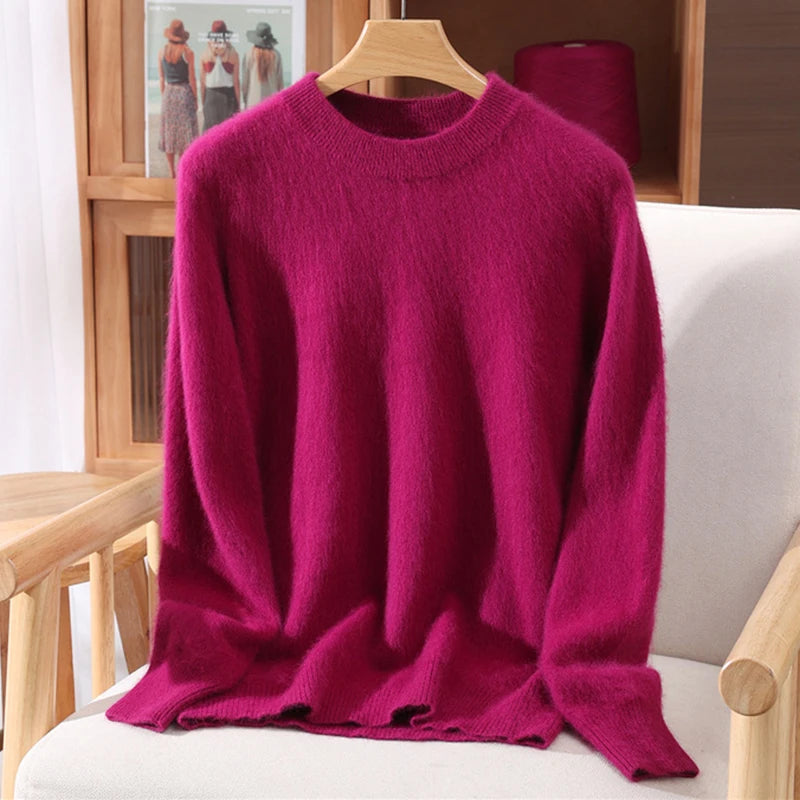 Women's Round-neck Mink Cashmere Sweater Soft Pullover Jumper Comfortable Knitted Top for Autumn Winter Pure Mink Material