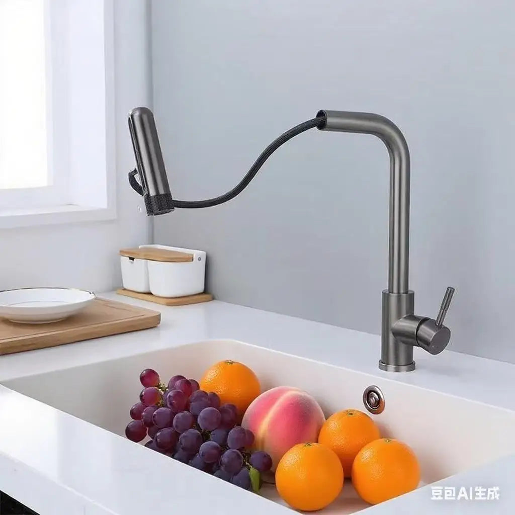 Black/Gray/Silver Pull-Out Kitchen Faucet Three Water Stream Sprayer Stainless Steel Hot and Cold Water Mixing Faucet Countertop