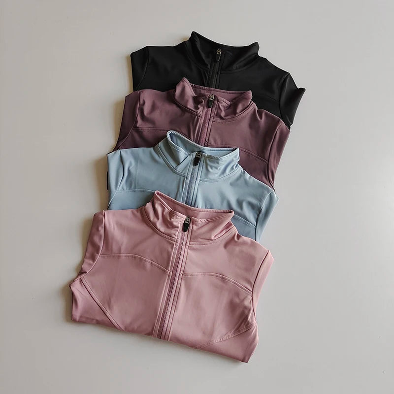 Outdoor Sports Long Sleeved Women Slim Yoga Clothes Quick Dry Zipper Cardigan Stand Up Collar Jacket Running Fitness Jacket Top.