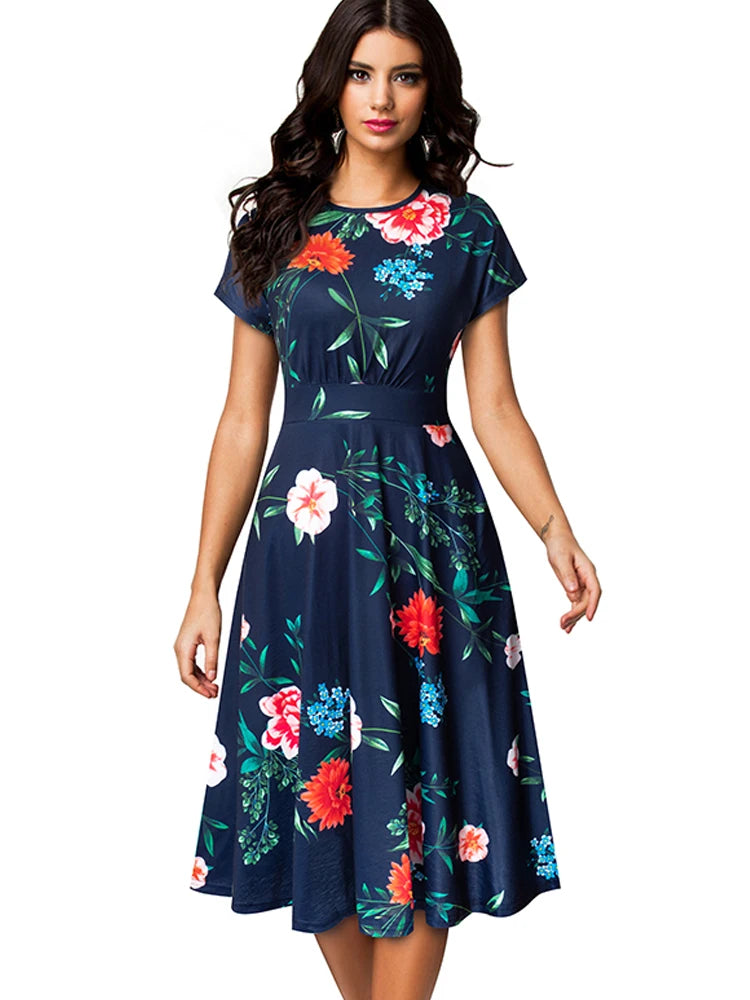 Nice-forever Vintage Elegante Blumen Druck Plissee Rundhals vestidos A-Line Pinup Business Party Frauen Flare Swing Kleid A102.