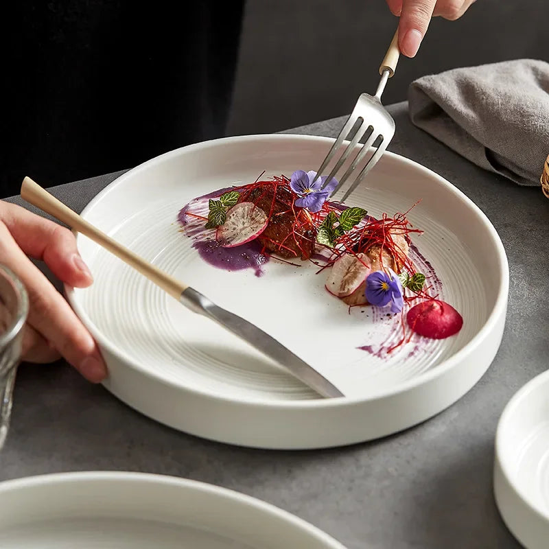 High end white ceramic steak brushed tableware, ceramic salad pasta plate dinner set plates and dishes ceramic plate sushi plate.