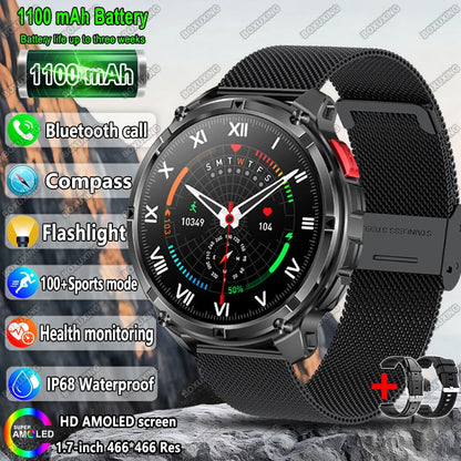 2025 New Military T-Rex 3 Smart Watch Men 1100mAh Battery AMOLED  IP68 Waterproof Outdoor Compass Bluetooth CallSport Smartwatch