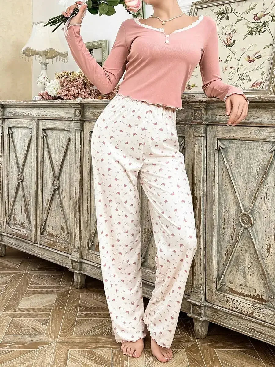 Autumn Winter Pajamas Set for Women Sleepwear Long Sleeve T-shirt with Long Trouses Set Homewear Femme Loungewear.
