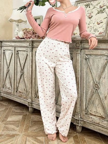 Autumn Winter Pajamas Set for Women Sleepwear Long Sleeve T-shirt with Long Trouses Set Homewear Femme Loungewear.