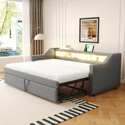 Ausziehbares Schlafsofa 90/180 x 190 cm, multifunktionales Aufbewahrungsfach, LED-Licht und USB-Buchse, mit Gitter, Dunkelgrau