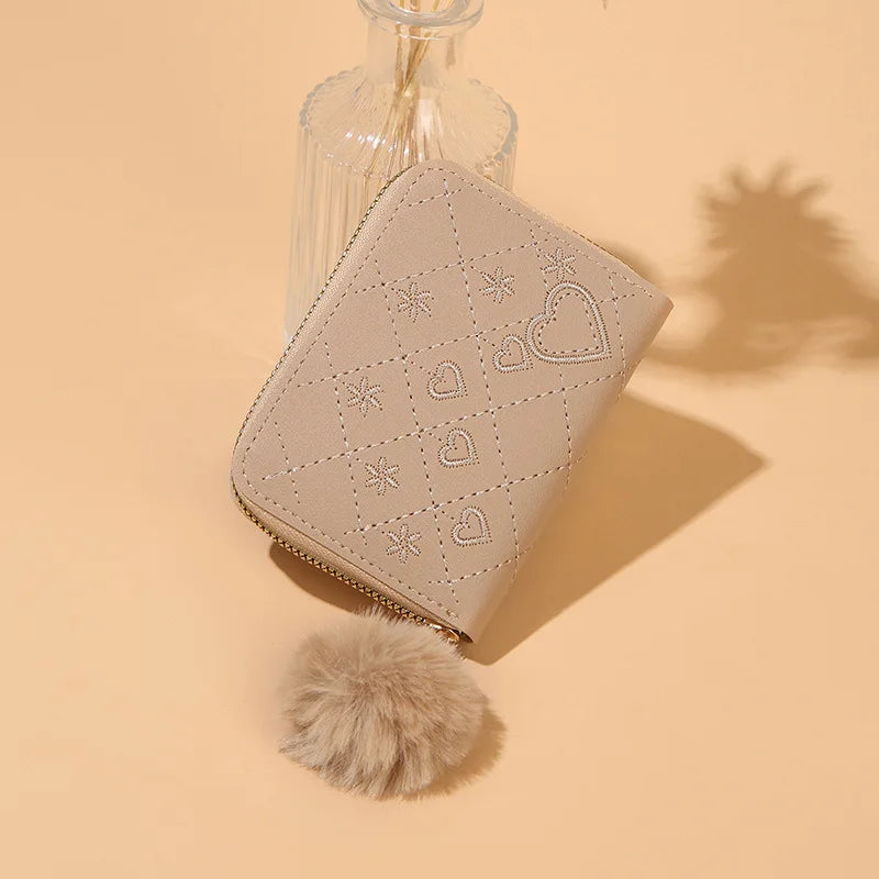 Women Fashion Zipper Wallet with Hairballs Simple Versatile Short Coin Purse Multi-Functional Multi-Card Slot Card Bag.