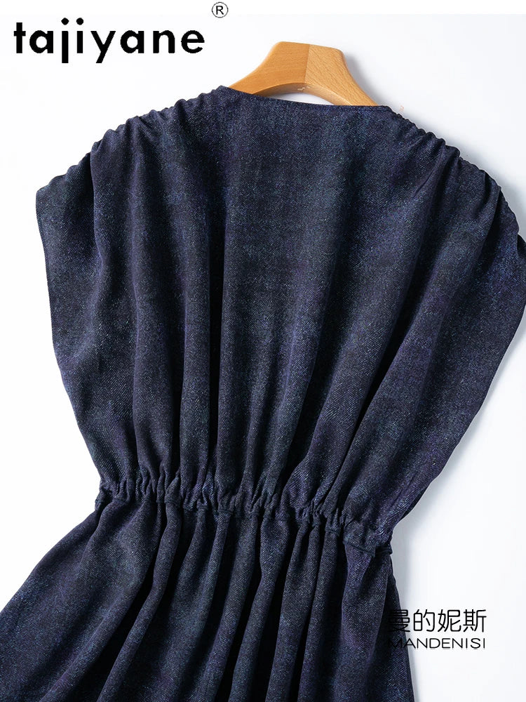 TAJIYANE 100% Maulbeerseide Kleid Frau Sommer 2025 Elegante Lange Kleider Denim Gedruckt Party Kleider Damen Kleidung Vestidos