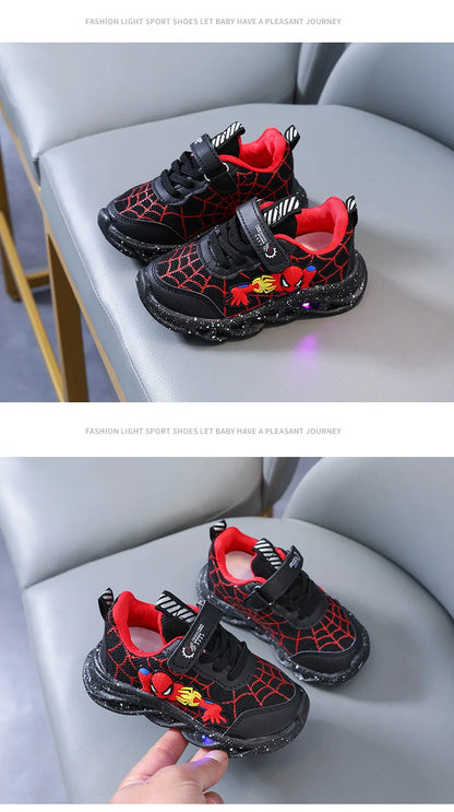 LED Casual Sneakers Red Black For Spring Boys Cartoon Mesh Outdoor Shoes Children Lighted Non-slip Shoes Size 21-30.