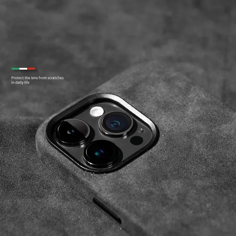 Grey Alcantara Magnetic Attraction Case for iPhone 16 12 13 14 15 Pro Max High-end Imported Suede Metal Lens Protection Cover.
