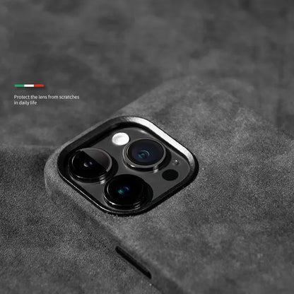 Grey Alcantara Magnetic Attraction Case for iPhone 16 12 13 14 15 Pro Max High-end Imported Suede Metal Lens Protection Cover.