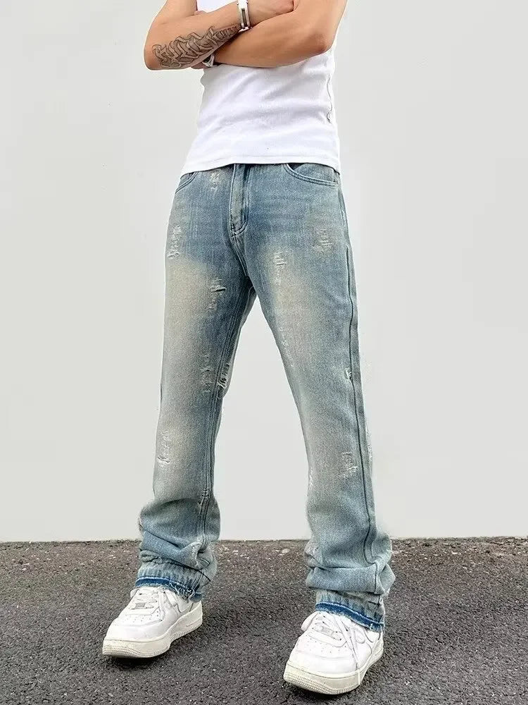 Loose Men's Straight Leg Jeans Casual High Street American Style Torn Frayed Hem Wide Leg Pants Trendy Casual Denim Trousers.