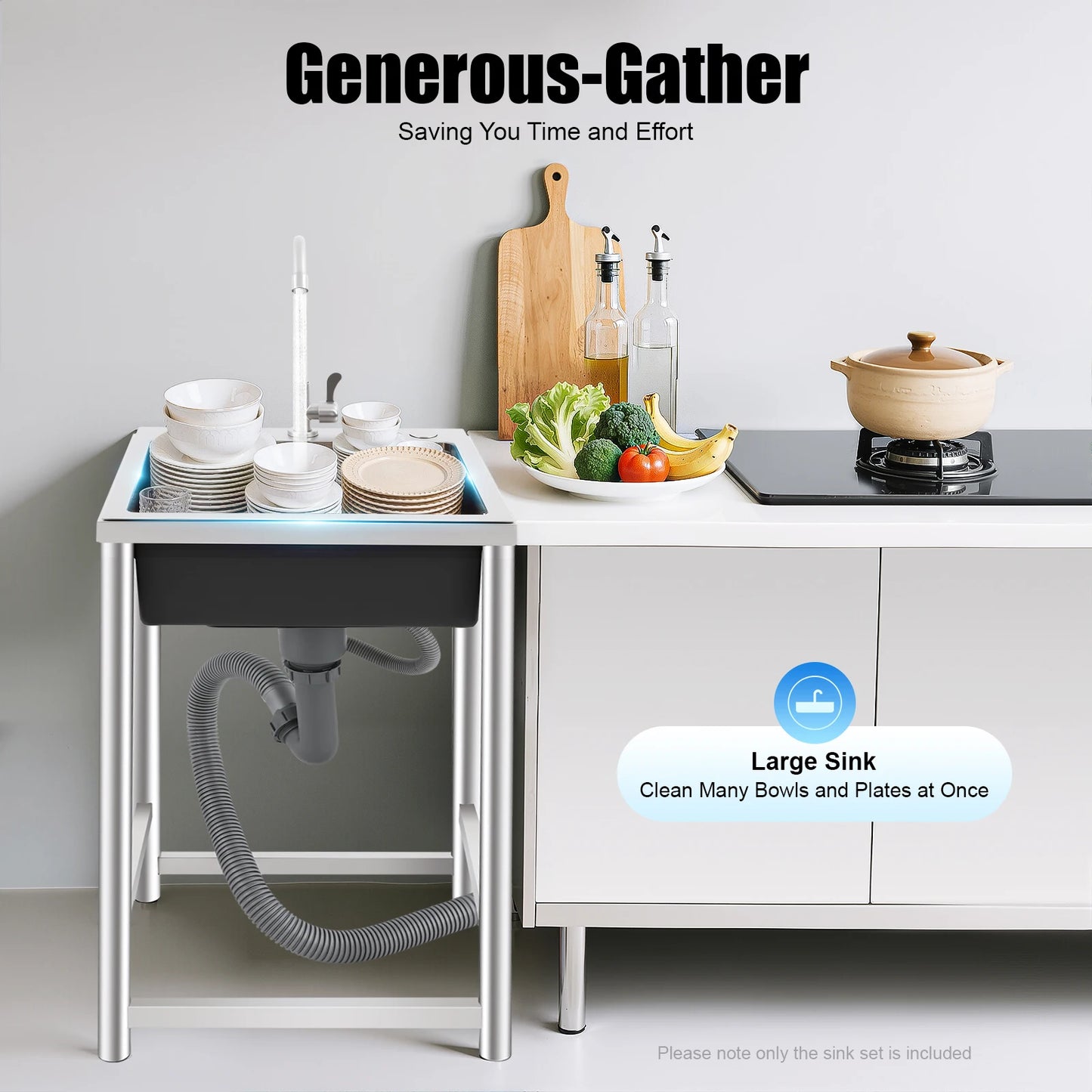 Stainless Steel Utility Sink Single Bowl 110 Lbs Free Standing Kitchen Sink with 360 ° Rotatable Faucet for Kitchens Bathrooms