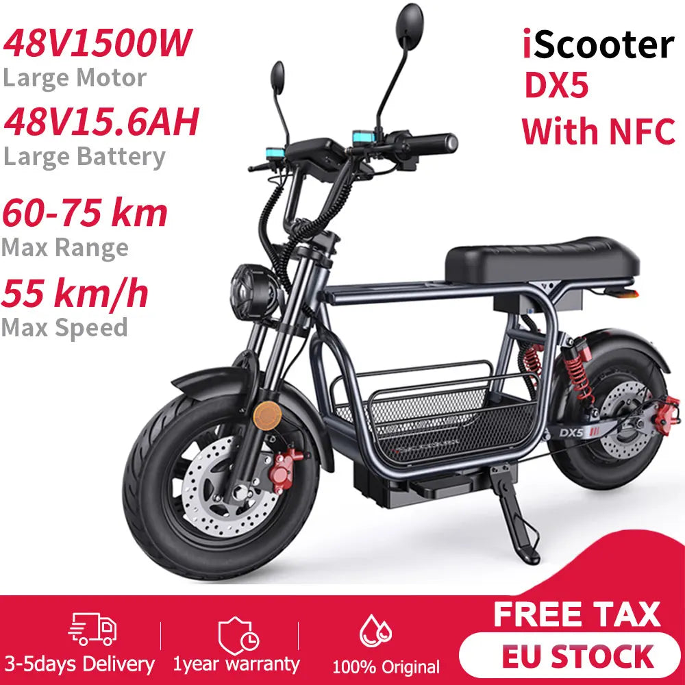 iScooter DX5 Electric Motorcycle 1500W Motor 48V15.6AH With Basket Cargo Ebike 15 inch Fat Tire with NFC Adult Electric Scooter.