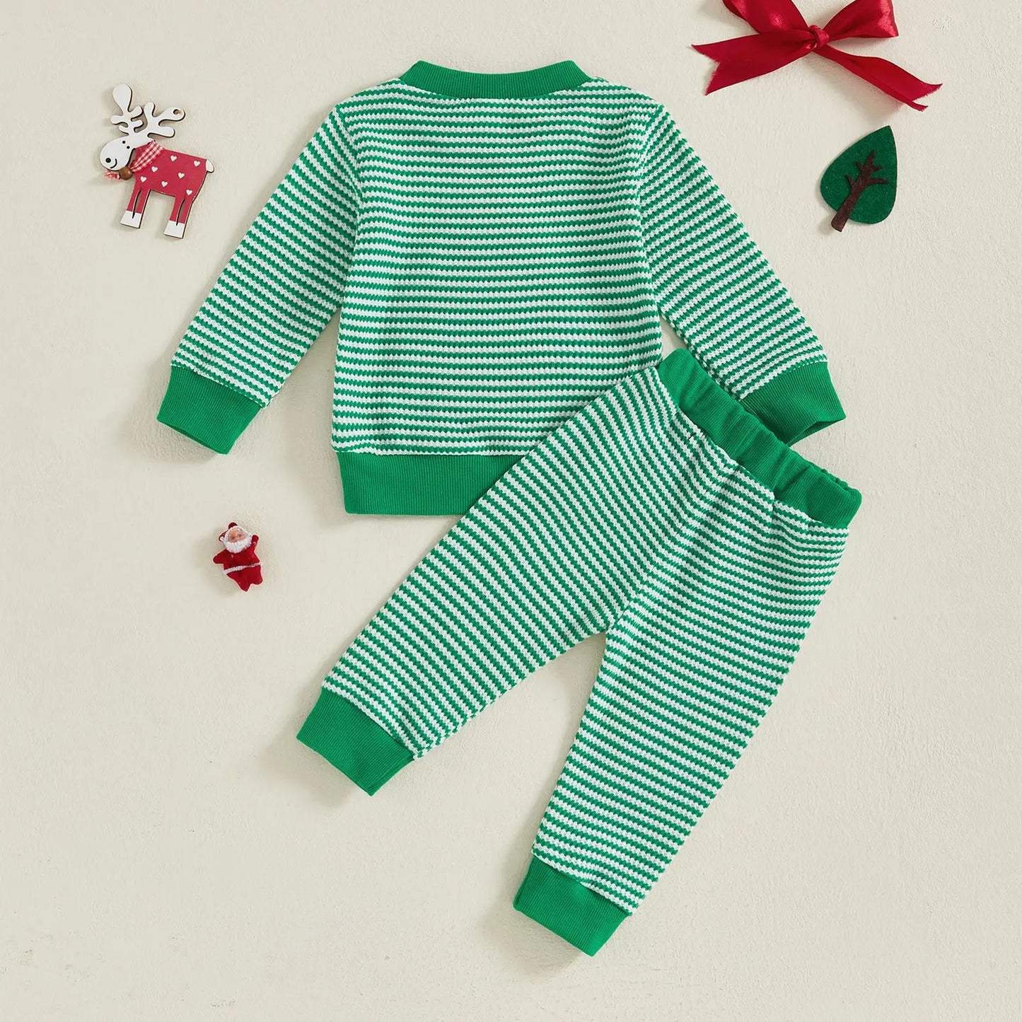 Weihnachts-Baby-Kleidung aus Baumwolle, 2-teiliges Set, 0–3 Jahre, gestreiftes Sweatshirt und Hose für Kleinkinder mit besticktem Weihnachtsbaum-Outfit.