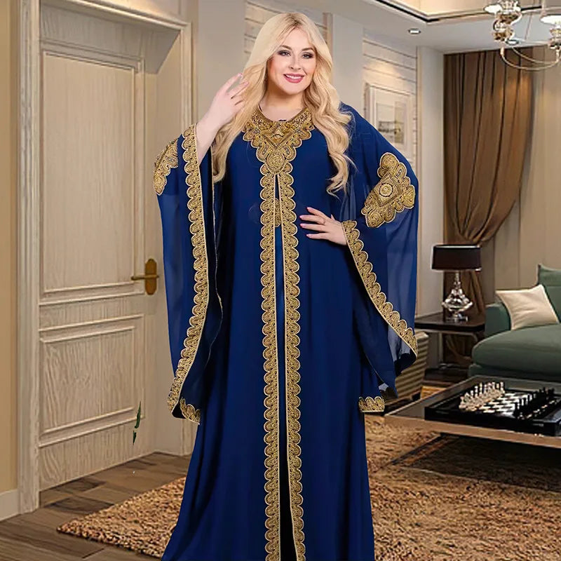 Partykleider für Frauen, Abaya, muslimischer Kaftan, 2-teiliges Set, Eid-Flare-Ärmel, Robe, bestickt, goldene Spitzenkleid, Anzug, Jalabiya Ramadan.