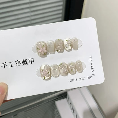 10Pcs Short Handmade Pink Press on Nails Spring French Rhinestone Full Cover Fake Nail Plaid Manicure Wearable Nail Tips Art.