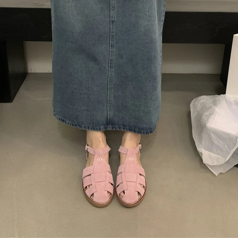 DIMANYU Women's Roman Sandals 2023 Summer New Flat Retro Real Leather Ladies Sandals Hollowed Women's Cage Shoes.