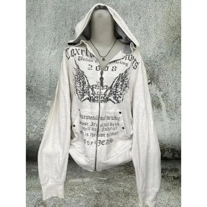 Vintage Sweatshirts 2025 Women's Clothes White Print Tunic Hooded Y2k Coat Streetwear Fashion Casual Hoodies Tops Ropa Mujer.