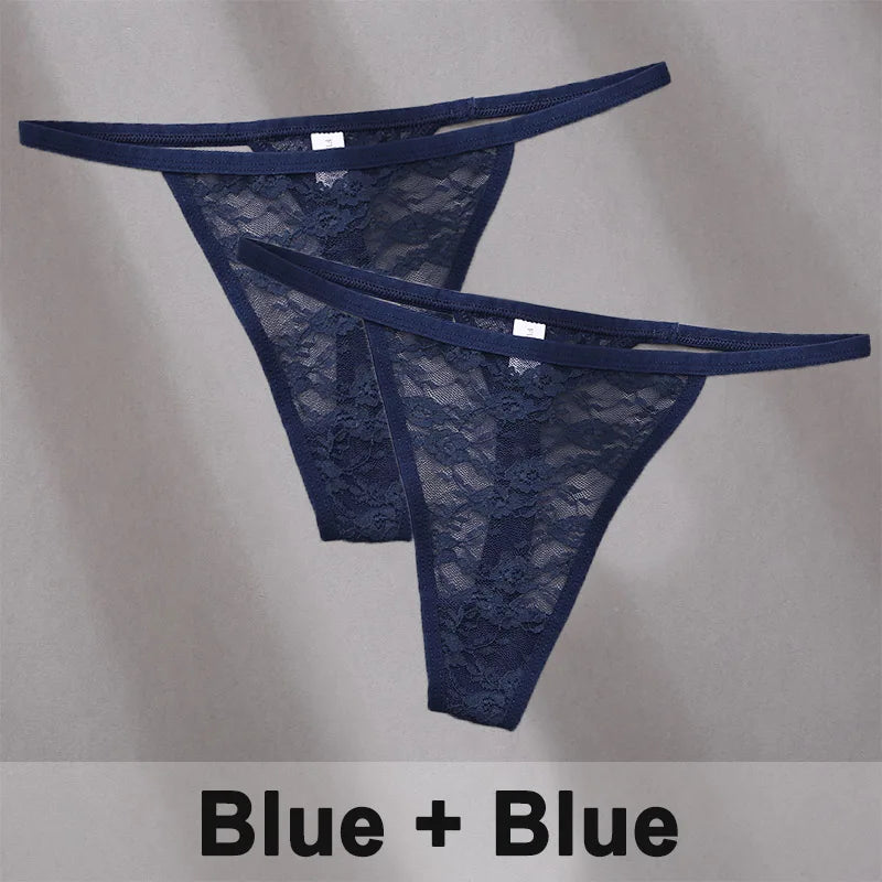 2PCS Sexy Lace Cotton Panties for Women G-String Underwear Perspective Thongs Solid Color Underpants Female Intimates Lingerie.