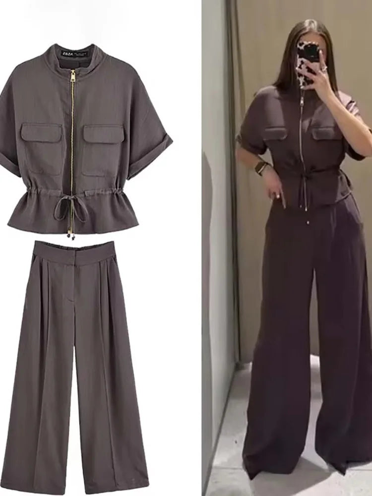 Casual Pants 2 Pieces Sets For Women Short Sleeve Coat High Waist Trousers Women's Suit 2025 Two Pieces Loose Woman Outfits
