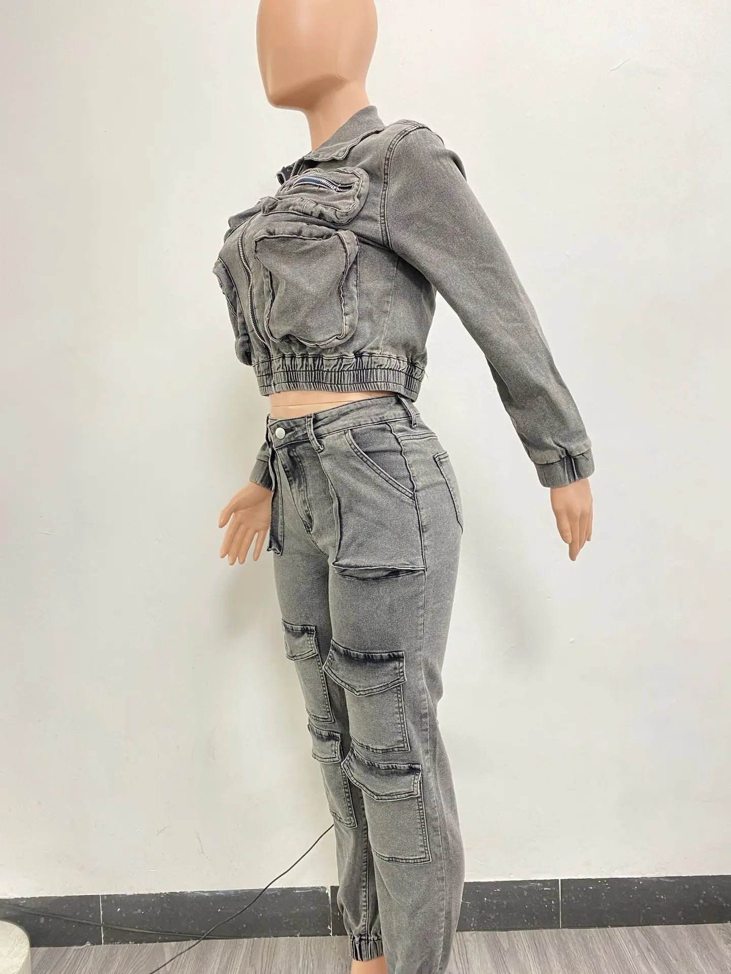 Pant Sets Long Sleeve Women Tracksuit Zipper Denim Coat Cargo Ankle Length Pants Pockets High Street Spliced Slim 2024.