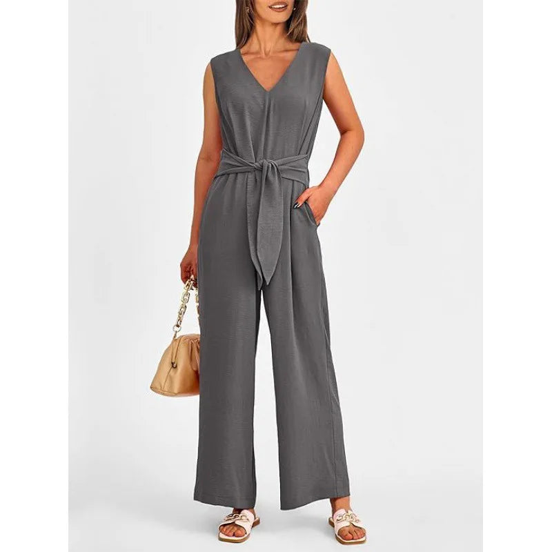 Summer High Waist Lace-up Jumpsuits Women 2025 New Sleeveless V-neck Side Pocket Solid Casual Jumpsuit Office Ladies Rompers