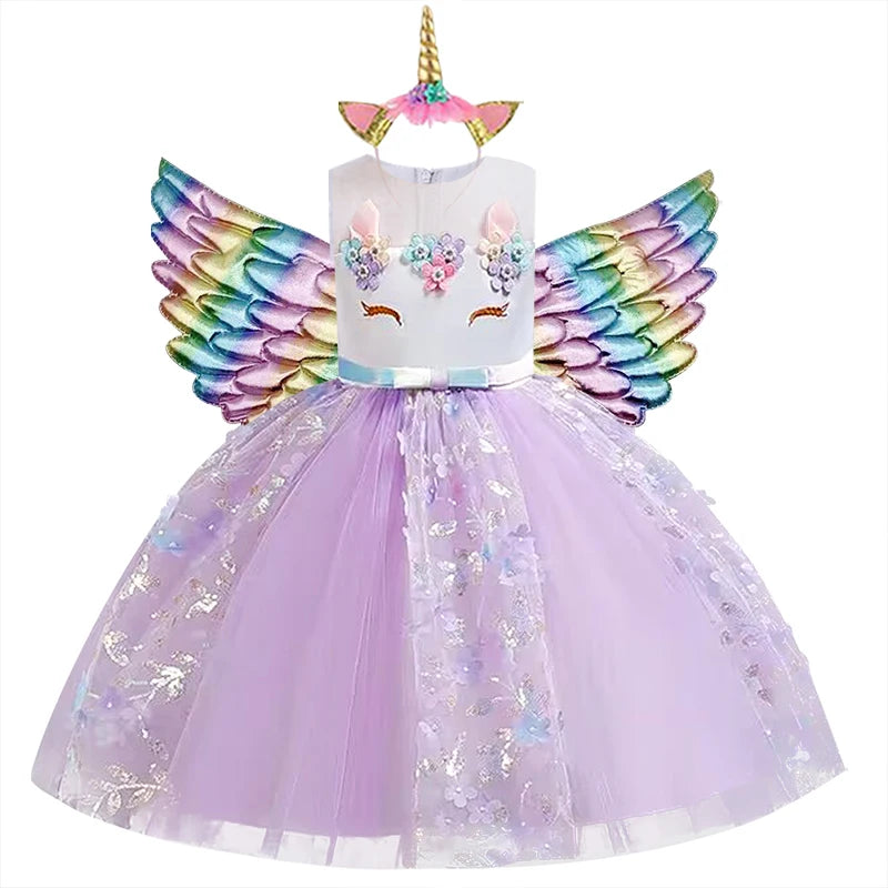 2023 Neues Regenbogen-Einhorn-Kleid für Mädchen, besticktes Tanzkleid, Halloween-Performance-Kleidung, Kinderkleidung, 3–10 Jahre alt.