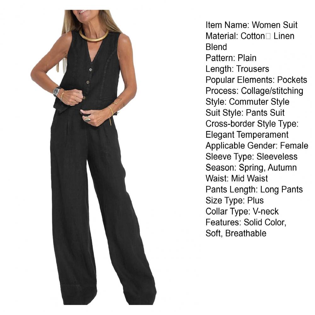 Autumn White Linen Two Piece Set For Women 2023 Fashion Sleeveless Tank Top New In Matching High Waist Wide Pants Set.