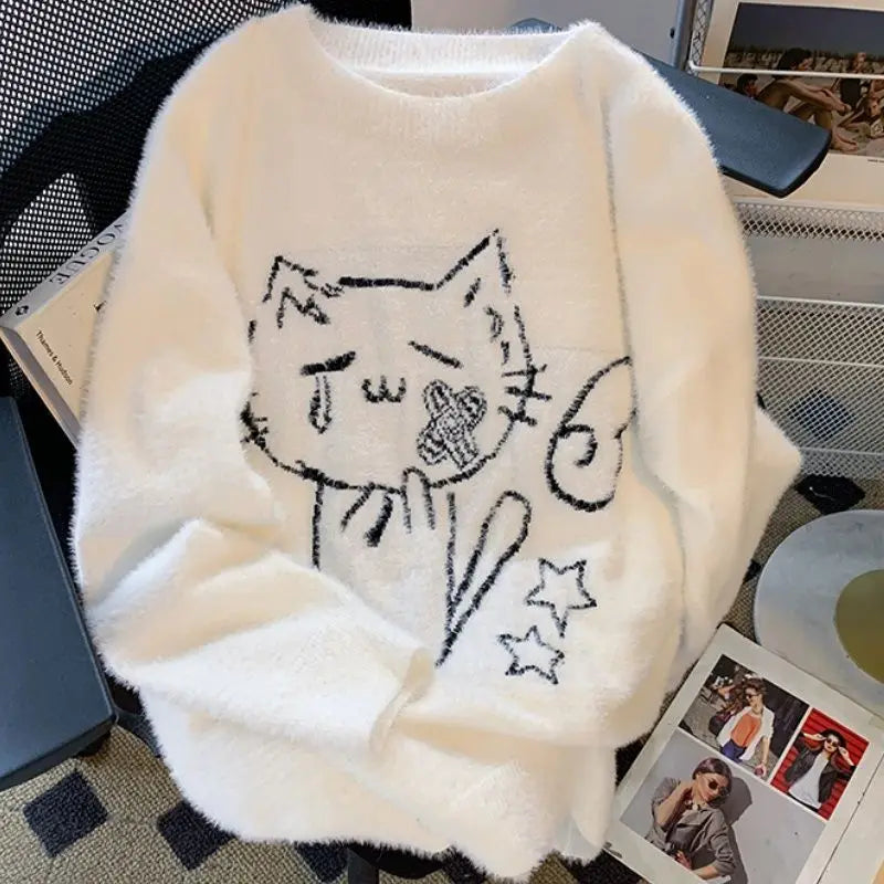 Vintage Preppy Kawaii Cartoon Jacquard Pullover Süße Harajuku Lose Grunge Pullover Y2k Ästhetische Frauen Weiße Gestrickte Pullover