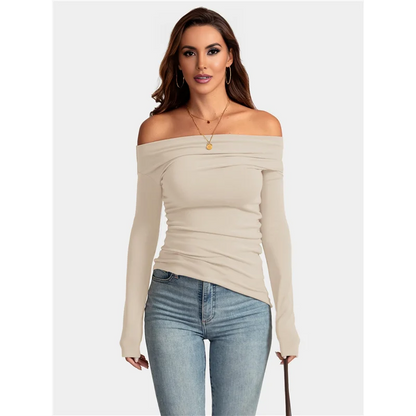 AG-Women's Off Shoulder Tops Dressy Long Sleeve Asymmetrical Slim Fit Going Out Fall Blouse Ruched Shirts.
