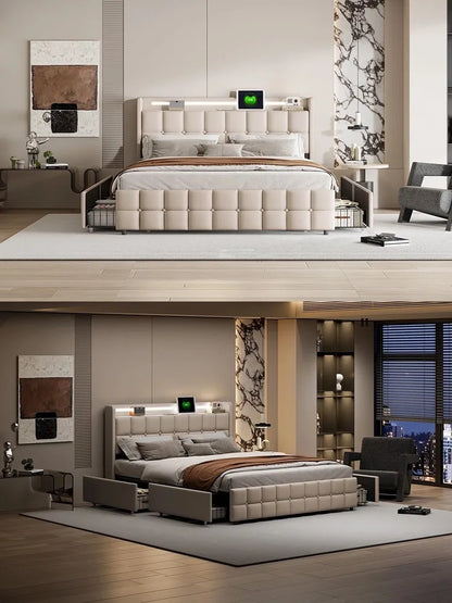 Creahappy Polsterbett – Doppelbettgestell mit wiederaufladbarem USB-Kopfteil, LED-Beleuchtung und 4 Schubladen – Beige