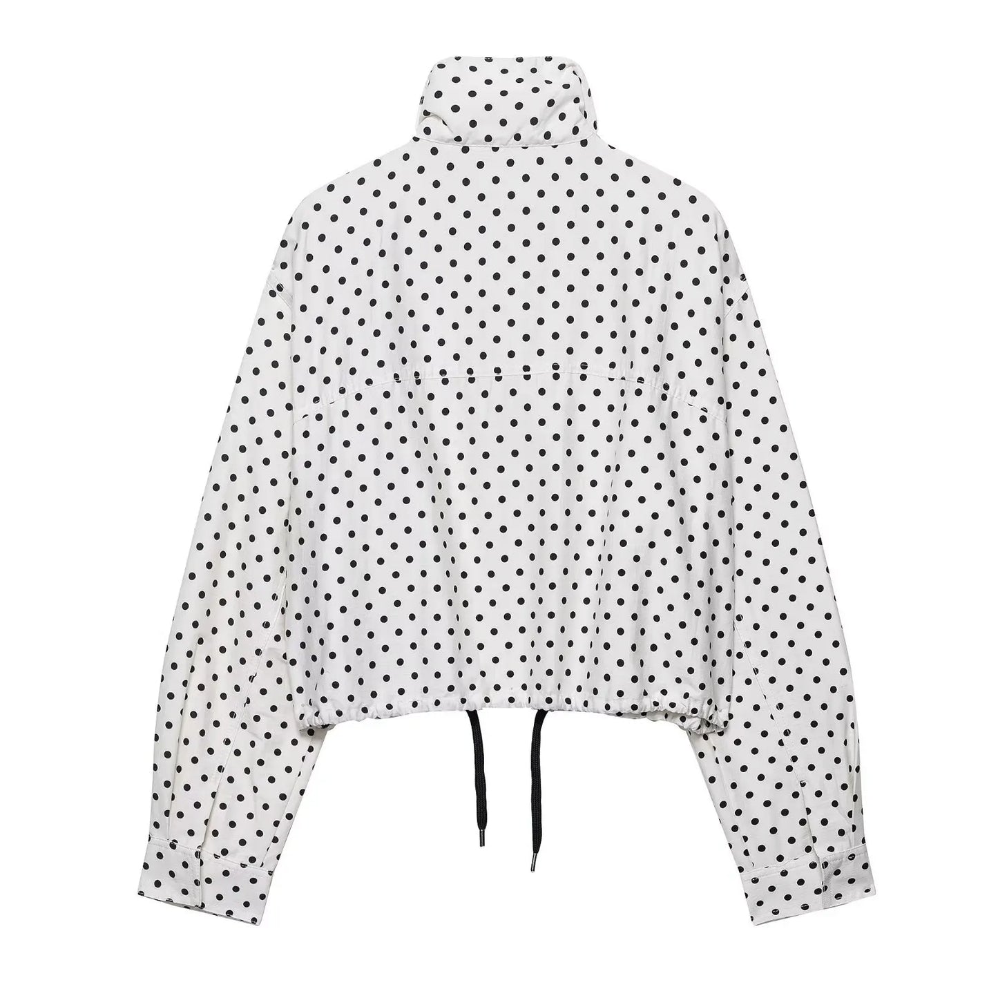 TRAFZA Herbst Polka Dot Gedruckt Jacke Für Frauen Lange Ärmel Rollkragen Zipper Mit Taschen Kordelzug Lose Vintage Mäntel