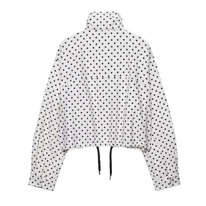 TRAFZA Herbst Polka Dot Gedruckt Jacke Für Frauen Lange Ärmel Rollkragen Zipper Mit Taschen Kordelzug Lose Vintage Mäntel
