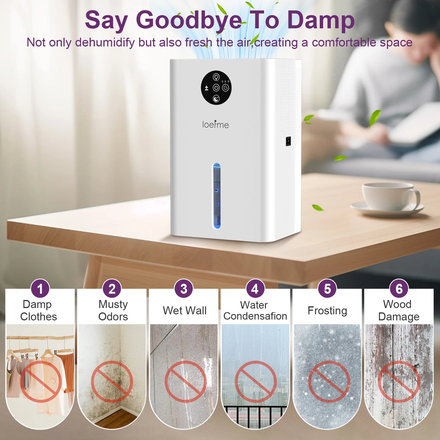 LOEFME 1.8L Electric Dehumidifier Portable Quiet Air Dryer, 6-8-10H Timer, Touchscreen, Against Humidity, Mould, Moisture, Damp.