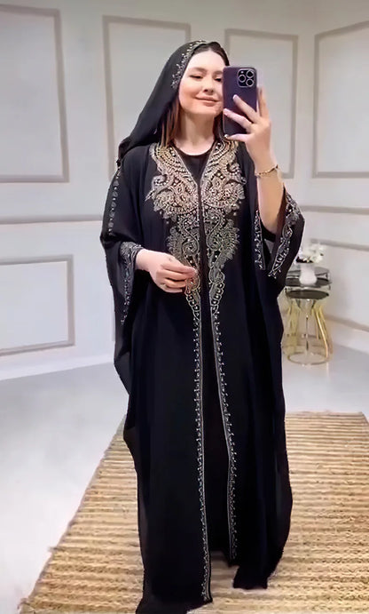 Eid Muslim Dress for Women Hooded Abaya 2 Piece Set Diamond Jalabiya Morocco Party Dresses Dubai Abayas Kaftan Vestido Long Robe