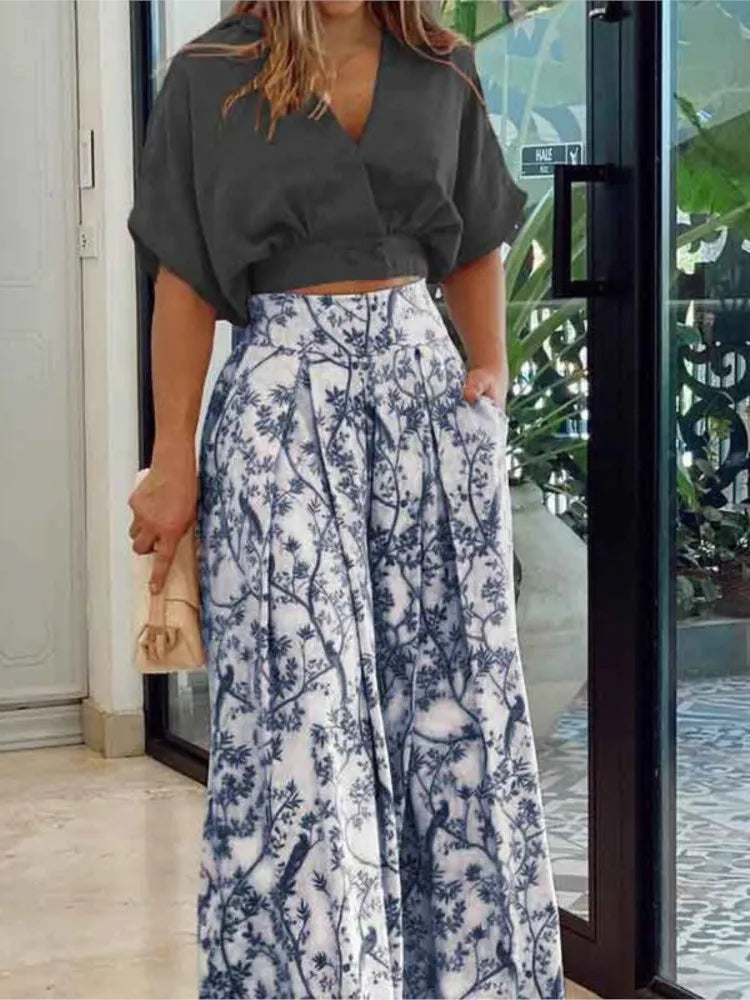 Women Fashion Set Short Sleeve V-Neck Top 2 Piece Sets Lady Casual Pockets Print High Waist Wide Leg Pants Two Piece Sets Summer.