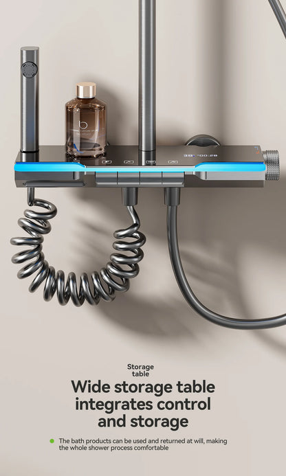 Space aluminum digital display atmosphere light shower shower set, 4-speed turbocharged bathroom shower