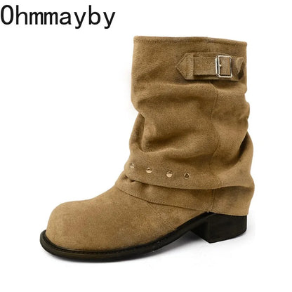 Winter Pleated Women Western Ankle Boots Fashion Rivet Belt Buckle Shoes Ladies Concise Vintage Thick Heel Short Booties.