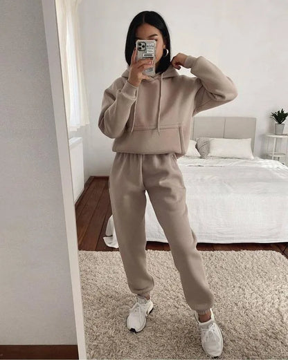Women's Pocket Long-sleeved Hooded Sweatshirt Casual Set Autumn Winter New Solid Color Loose Sport Long Pants 2 Piece Set Female