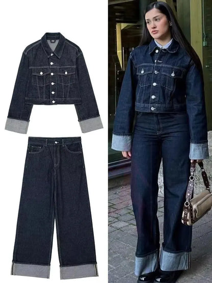 HH Women Vintage Denim Jacket Pant Sets Single Breasted Lapel Long Sleeve Coat Wide Leg Trousers Jeans High Street Outfits.