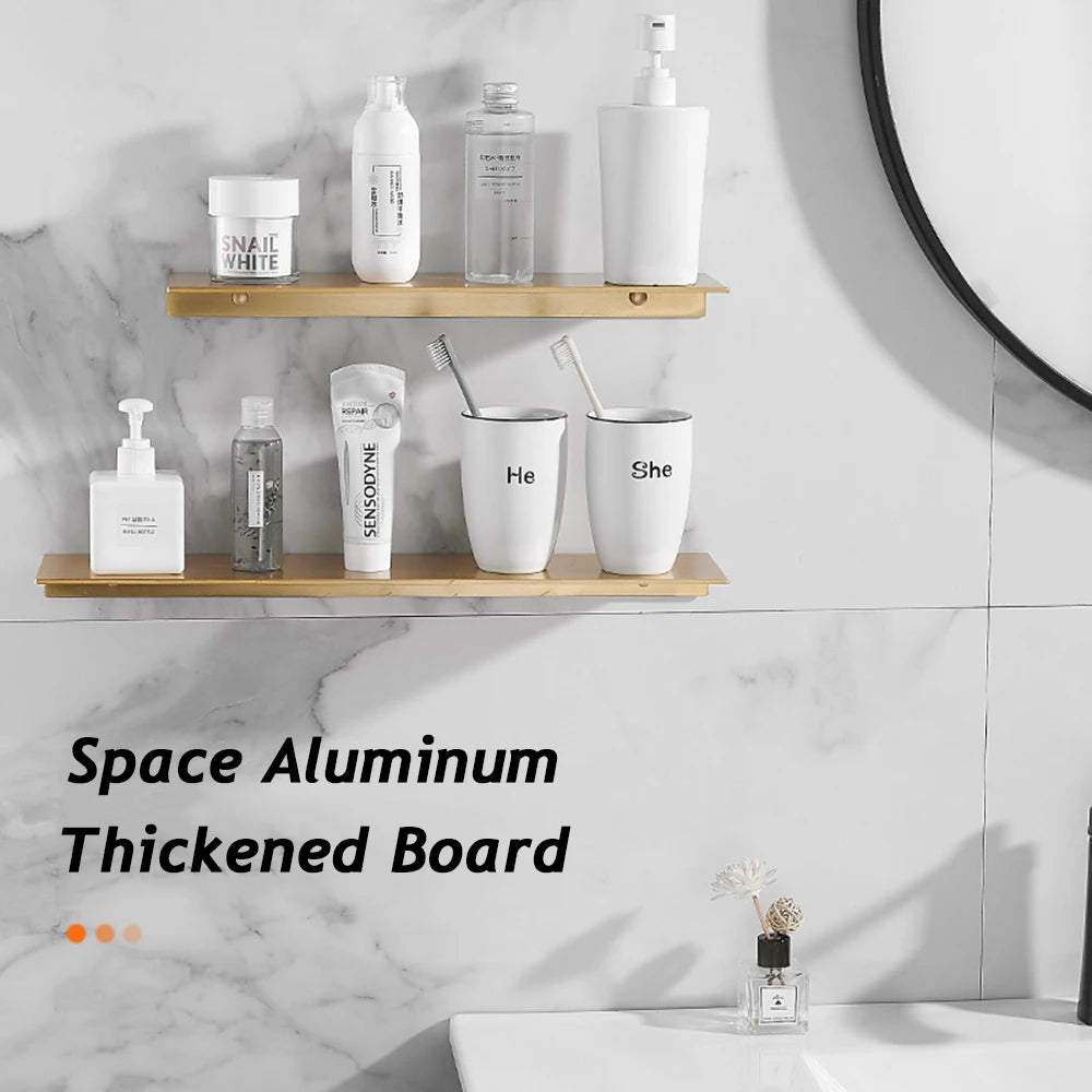 20/30/40/50CM Gebürstet Gold Wand Regal Badezimmer Lagerung Rack Küche Wand Regal Badezimmer Dusche Regale Hause Zubehör