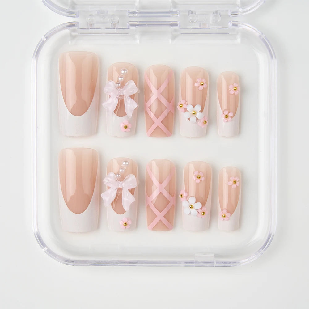24Pcs Ballet Square Pink Press on Bow Nails 3D Flower with Bandage Design French Nail Tips for Women&Girls Daily,Spring wear.
